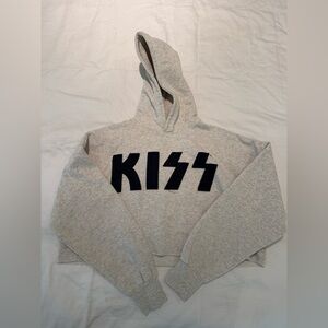 Kiss Cropped Gray Hoodie with Black Logo